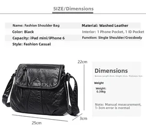 Detailed size specifications for the washed PU leather crossbody bag in black finish