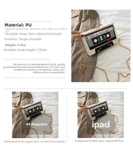 Size comparison of cream cassette bag with golden chain against A4 magazine and iPad