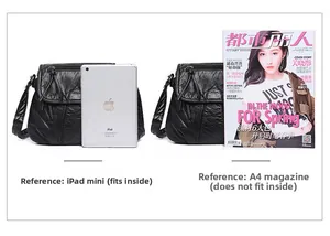 Size comparison of black pleated PU shoulder bag with iPad mini and A4 magazine