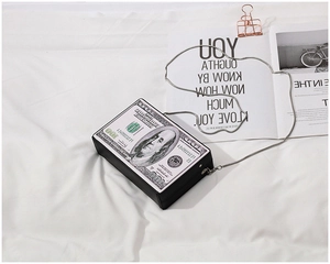 Detailed view of acrylic dollar clutch box bag with silver chain on white fabric