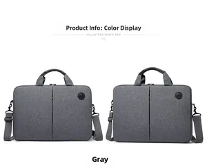 Detail view of grey 15 inch laptop bags with dual handles and adjustable straps