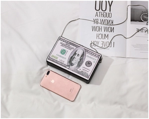 Top view of acrylic box clutch featuring dollar bill print and silver snake chain