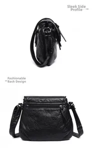 Detail view of black wrinkled PU leather shoulder bag with side and back zipper pockets