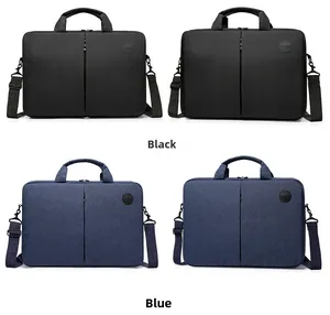 Detail view of black and blue waterproof nylon laptop bags with handles and shoulder straps