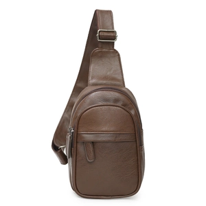 Vintage brown PU leather crossbody chest bag for men with multiple zipper pockets