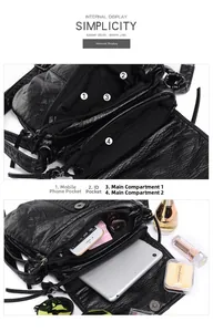Detailed interior view of a washed PU leather crossbody bag with multiple zipper compartments