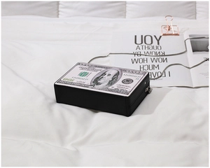 Detailed side view of a rectangle acrylic dollar bill clutch bag with silver chain strap