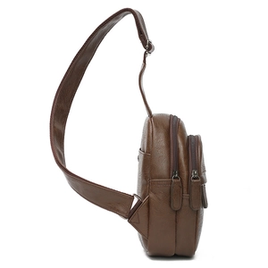 Men's dark brown cross-body chest bag with multi-layer zippers and lychee texture