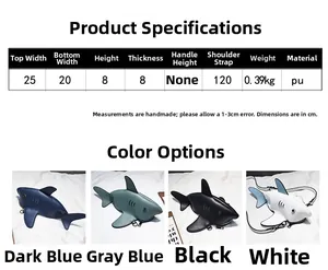 Detailed size specifications table and color options for the shark-shaped crossbody bag