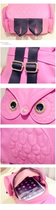 Détail du sac à dos chouette en cuir rose avec broderies et yeux métalliques