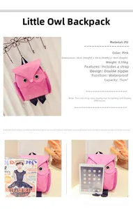 Sac à dos hibou rose en cuir PU avec dimensions détaillées et vue latérale