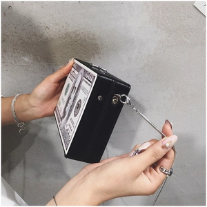 Detail of creative dollar pattern acrylic clutch box with silver chain and metal clasp