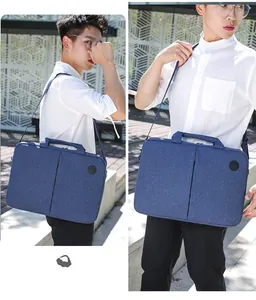 Blue nylon business laptop bag shown in hand-held and shoulder-carry modes on model