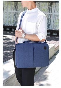 Detail of dark blue laptop bag with textured fabric and adjustable shoulder strap