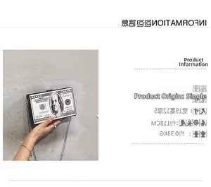 Detailed close-up of acrylic dollar pattern clutch bag with silver metal chain strap