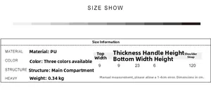 Size chart showing PU lobster bag dimensions 9x23x6cm and 120cm chain strap details