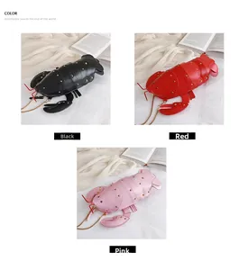 Detailed comparison of cute lobster-shaped crossbody bags in black, red, and pink colors