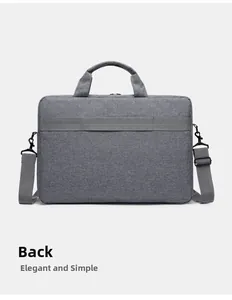 Rear view of grey laptop case showing trolley sleeve and detachable shoulder strap