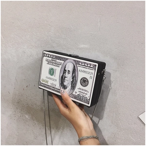 Acrylic 100 dollar bill box clutch bag with vintage metal chain strap for women