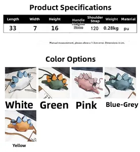 Size chart and dimensions for the dinosaur PU leather mini crossbody bag with colors