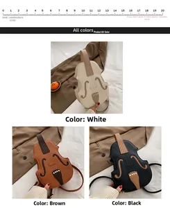 Detailed comparison of violin-shaped crossbody bags in white, brown, and black colors