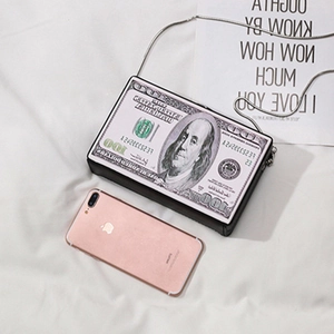 Creative dollar bill print acrylic clutch bag with vintage silver chain strap in black finish