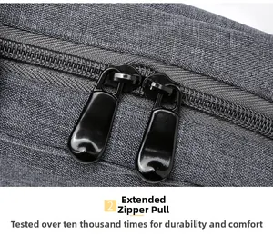 Macro shot of durable gray fabric with ergonomic reinforced metal zippers on a laptop bag