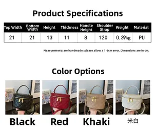 Detailed size chart and multi-color view of quilted PU leather cylinder bucket bag