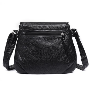Washed wrinkled black PU leather crossbody bag with back zipper and荔枝 texture finish