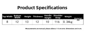 Size chart showing PU leather crocodile bucket bag dimensions and product specifications