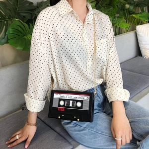 Retro cassette tape shape crossbody bag with gold chain and black PU leather finish