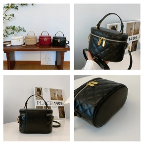 Quilted bucket bag set in white, beige, burgundy, and black with metal hardware details