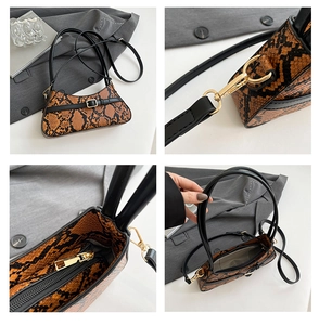 Detailed views of snake print handbag featuring gold hardware and interior zipper pockets