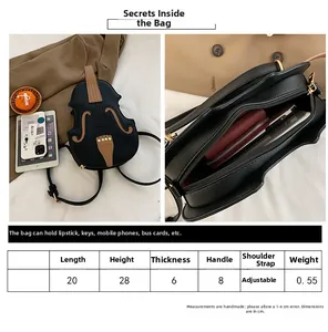 Detailed size chart for creative violin shaped crossbody bag with adjustable straps
