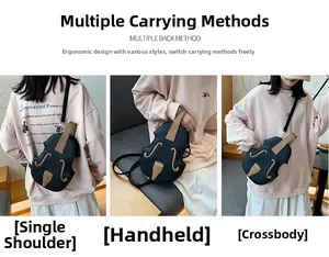 Three-way violin-shaped bag shown as a crossbody, handbag, and shoulder bag styles