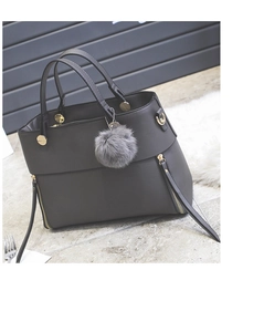 Detail of dark grey tote bag with gold zippers and decorative grey faux fur pompom