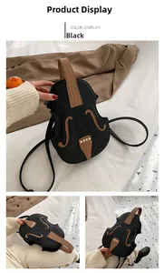 Detail view of violin-shaped crossbody bag featuring golden rivets and contrast leather