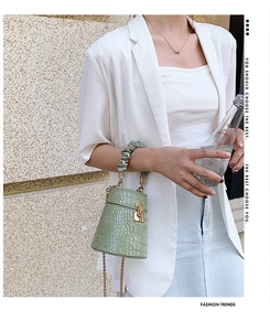 Close-up of light green crocodile pattern bucket bag with gold chain and pleated handle