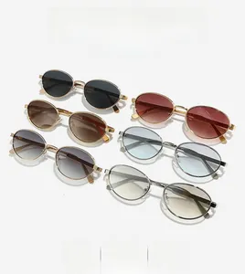 Detailed grid of oval metal sunglasses in six colors including Y2K vintage black and gradient blue