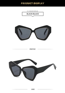 Vue détaillée de lunettes de soleil œil de chat géométriques noires avec verres gris