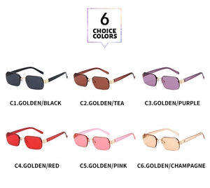 Six options de couleurs de lunettes de soleil carrées sans monture avec branches dorées