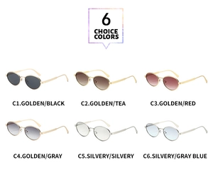 Detailed overview of six oval metal sunglasses in various frame and lens color combinations