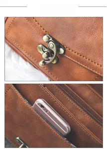Detail of vintage brown PU leather bag showing metal clasp and internal phone pocket