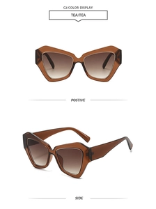 Détail des lunettes de soleil œil de chat thé avec verres dégradés et monture géométrique