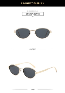 Detailed views of gold oval sunglasses with black lenses and textured metal temples