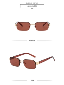 Détails macro de lunettes de soleil carrées sans monture avec charnières dorées et verres thé