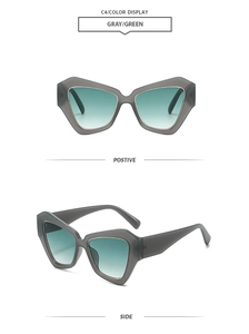 Détails de lunettes de soleil polygonales avec monture grise et verres dégradés verts