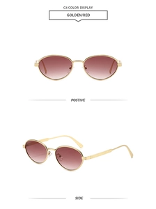 Detail view of oval metal sunglasses with woven temple design and red gradient lenses