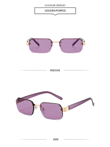 Vue détaillée de lunettes de soleil rectangulaires dorées sans monture et verres violets