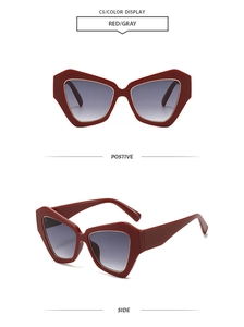 Lunettes de soleil œil-de-chat géométriques rouge foncé avec verres dégradés gris, vues de face